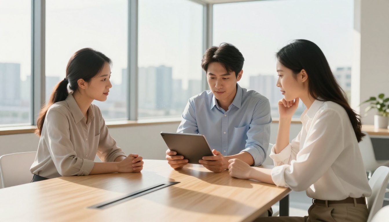 Business professionals reviewing a digital flipbook on a tablet in a bright conference room
