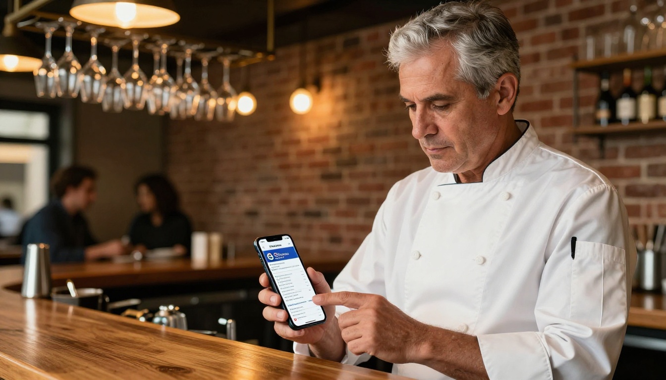 Restaurant owner in chef coat scrolling through his Google Business Profile with a digital menu flipbook Restaurant owner in chef coat scrolling through his Google Business Profile with a digital menu flipbook