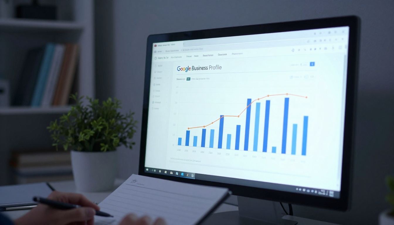 Analytics dashboard on a desktop monitor showing Google Business Profile performance metrics and charts Analytics dashboard on a desktop monitor showing Google Business Profile performance metrics and charts