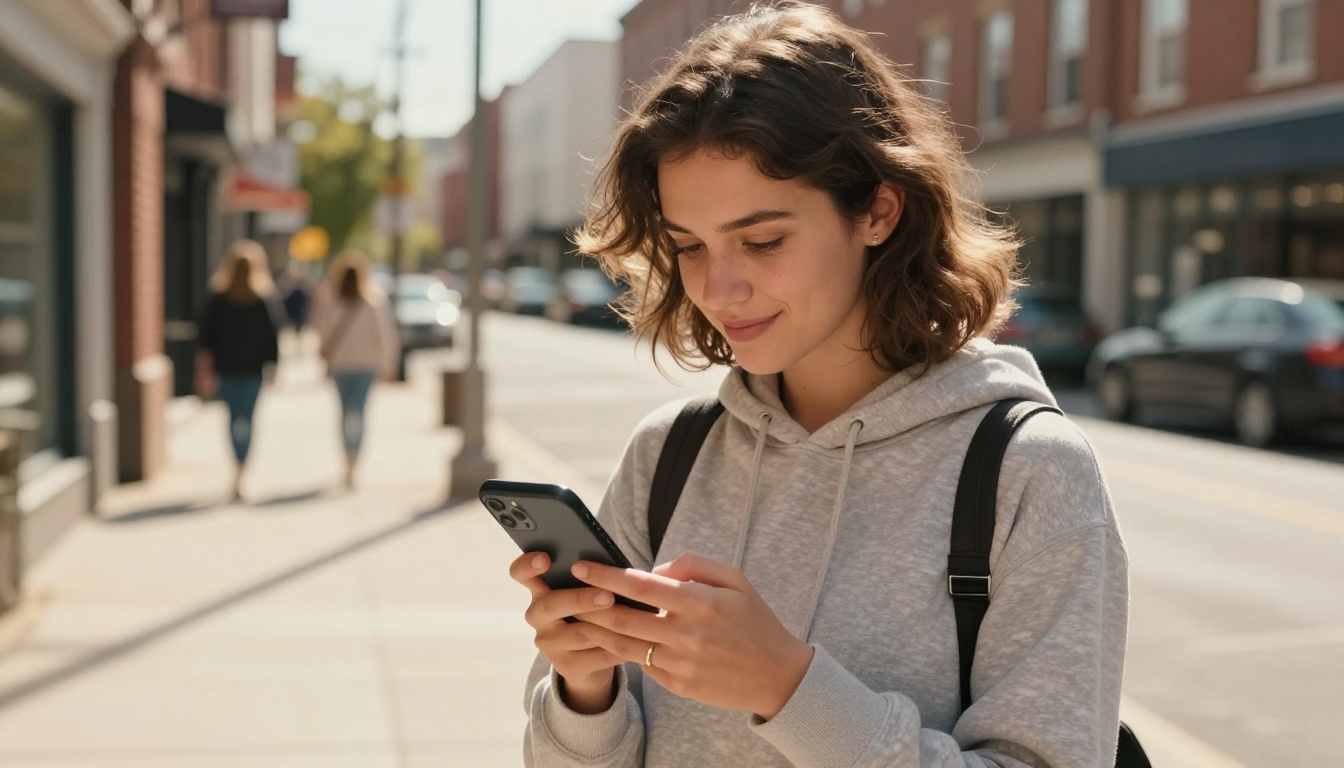 A young woman viewing a local business Google profile on her smartphone on a sunny urban sidewalk A young woman viewing a local business Google profile on her smartphone on a sunny urban sidewalk