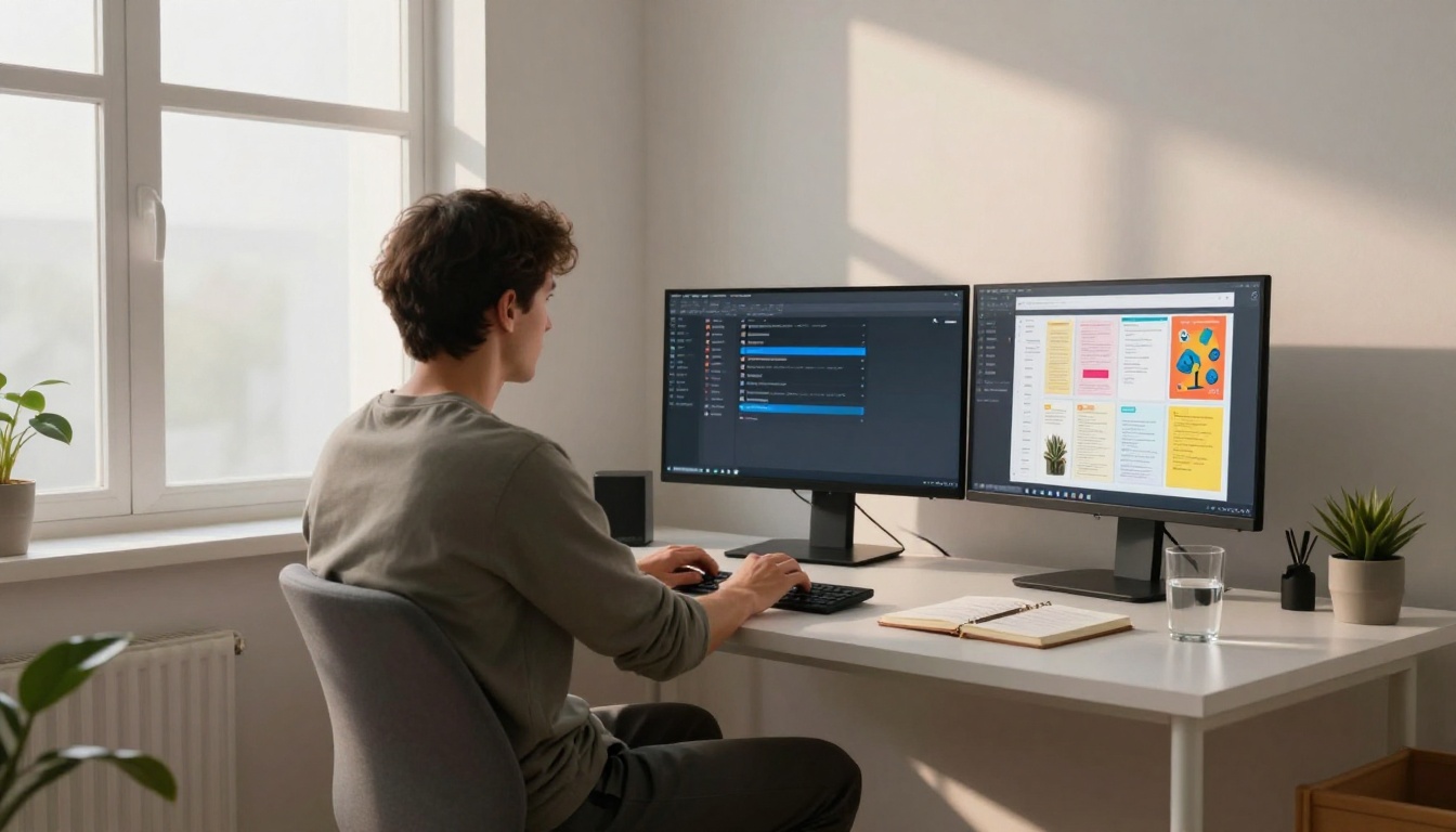 Rear view of a man at a home office desk with Discord open on one monitor and a digital flipbook on another