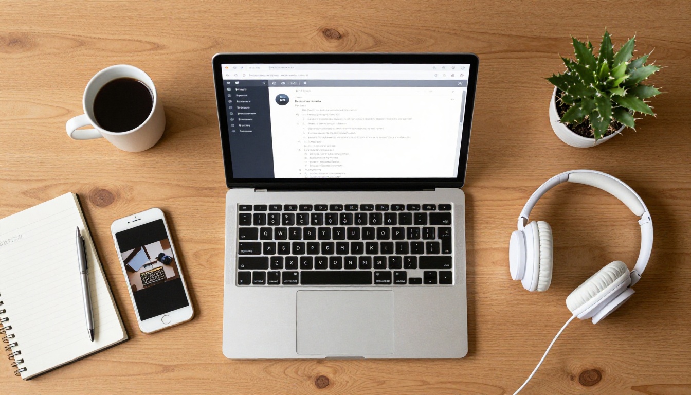 Aerial flat lay of a desk with a laptop showing Discord's pinned messages interface alongside a smartphone