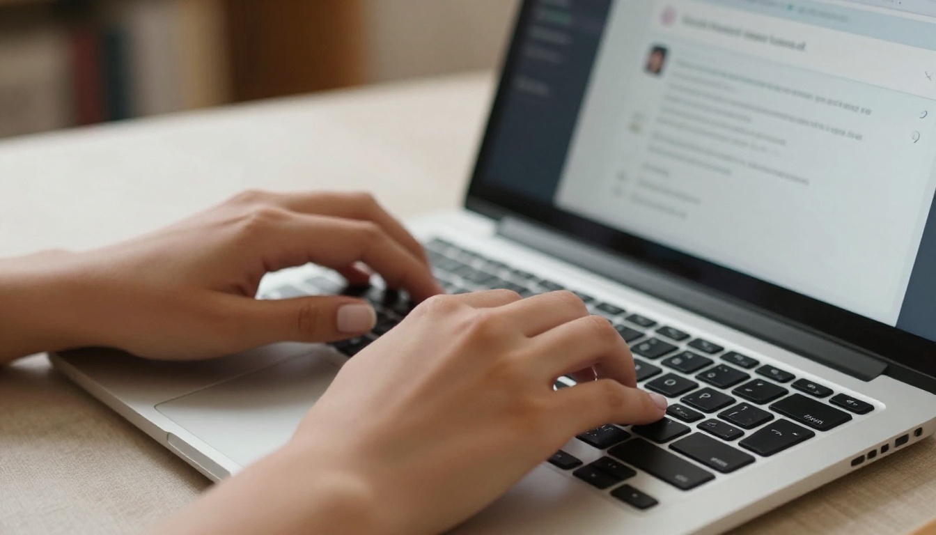 Close-up of hands typing a URL into a Discord message box on a laptop keyboard