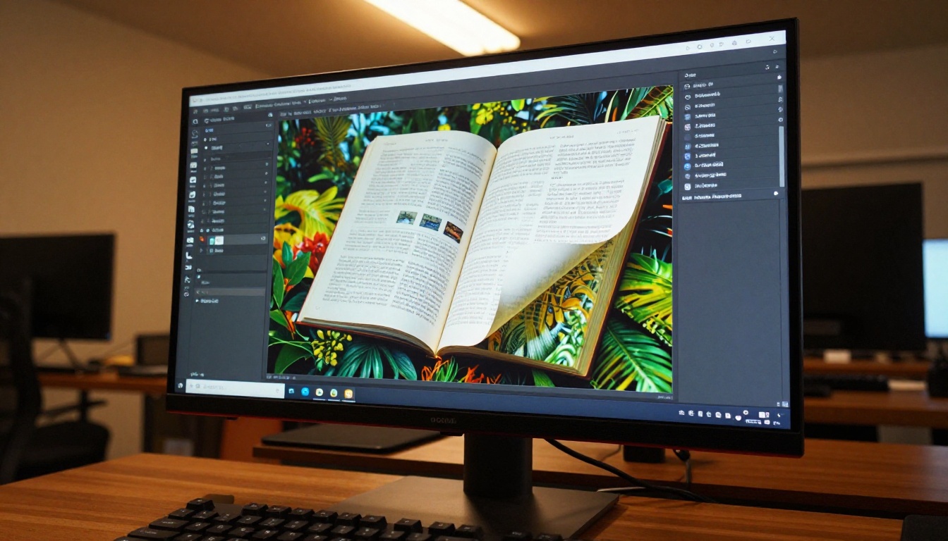 Low-angle view of a desktop monitor displaying a digital flipbook with colorful turning pages
