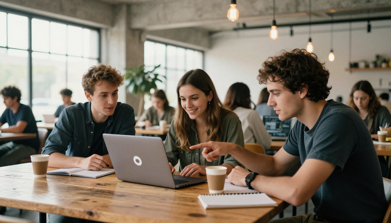 A group of three people gathered around a laptop in a modern coworking space, all focused on a Discord interface