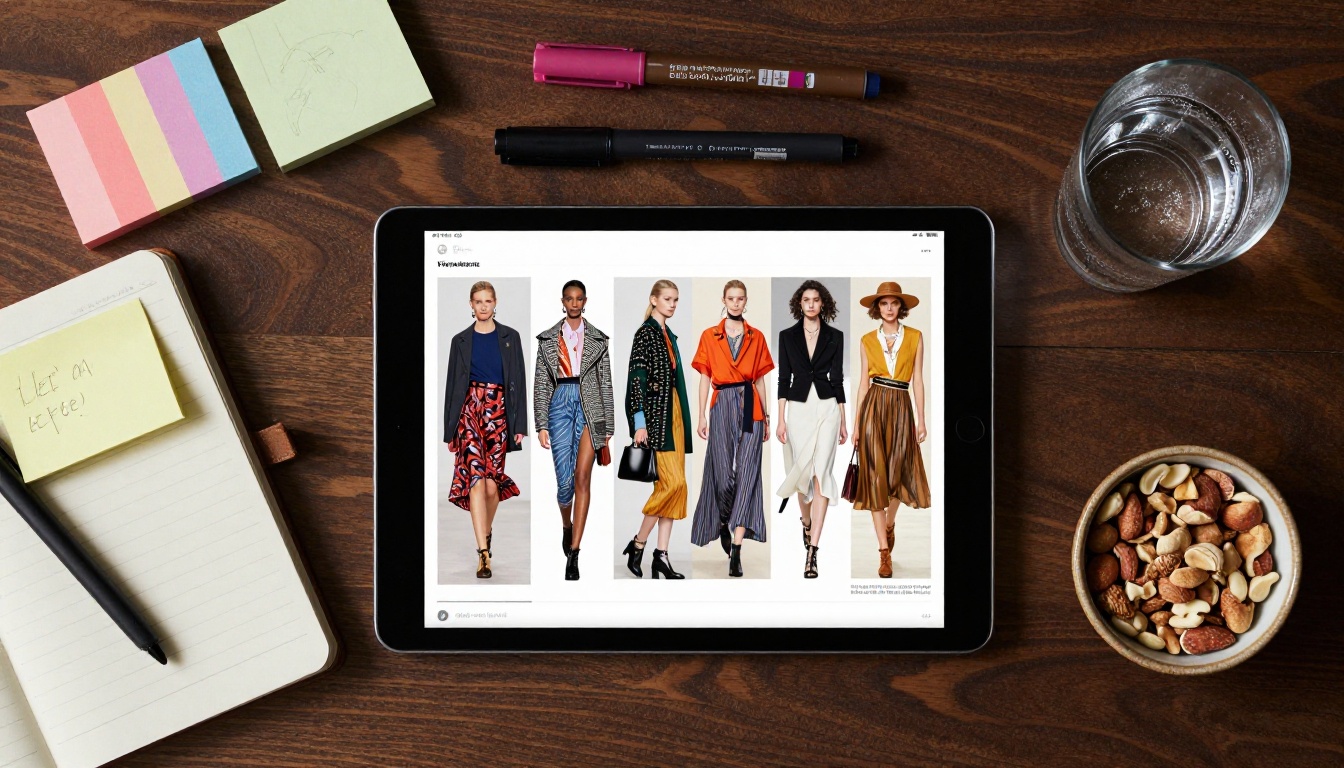 Aerial view of an iPad displaying a fashion lookbook flipbook on a dark walnut desk surrounded by creative tools