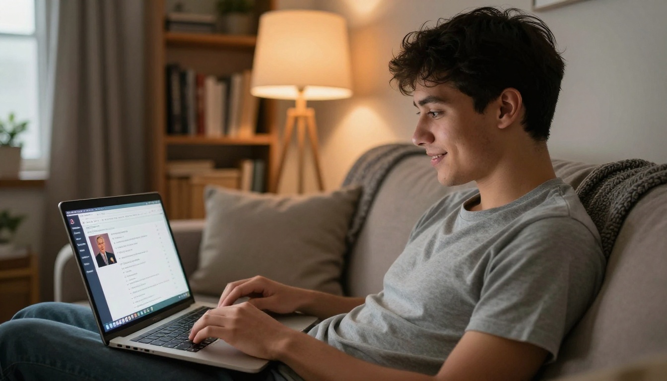 A young man relaxed on a couch with a laptop, looking at a Discord channel with a flipbook link preview visible on screen