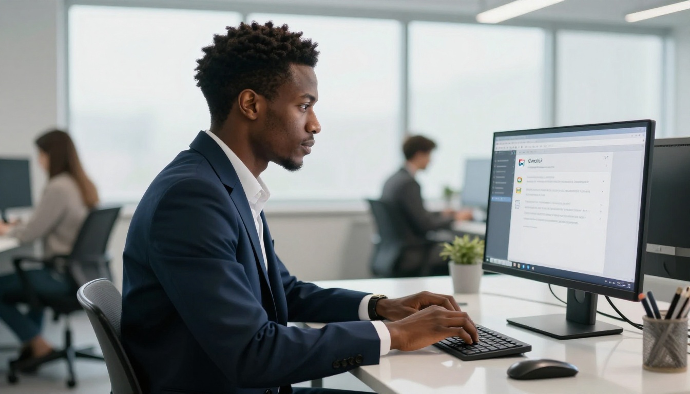 Black professional businessman typing on a keyboard at a glass desk in a modern open office, widescreen monitor showing Gmail settings with the signature editor open Black professional businessman typing on a keyboard at a glass desk in a modern open office, widescreen monitor showing Gmail settings with the signature editor open
