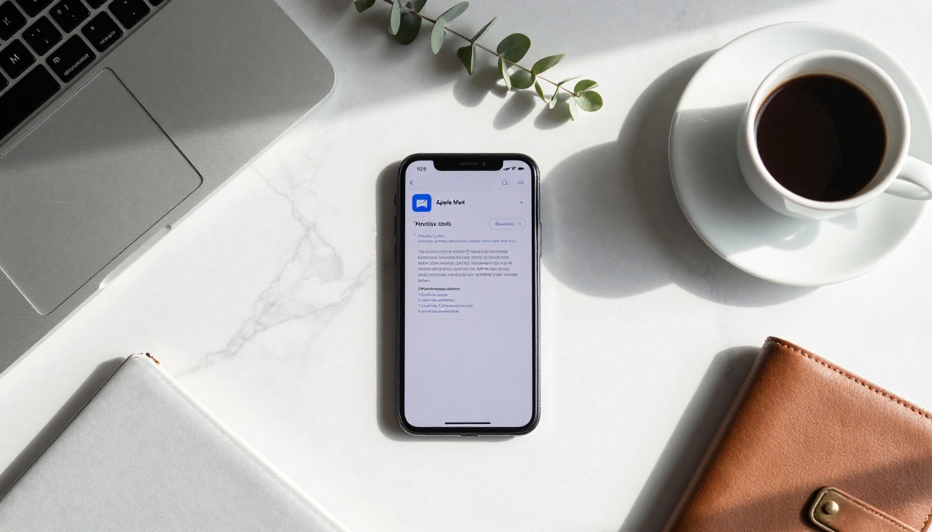 Aerial flat-lay of a marble desk with a smartphone showing a professional Apple Mail email with a formatted signature containing a document link Aerial flat-lay of a marble desk with a smartphone showing a professional Apple Mail email with a formatted signature containing a document link