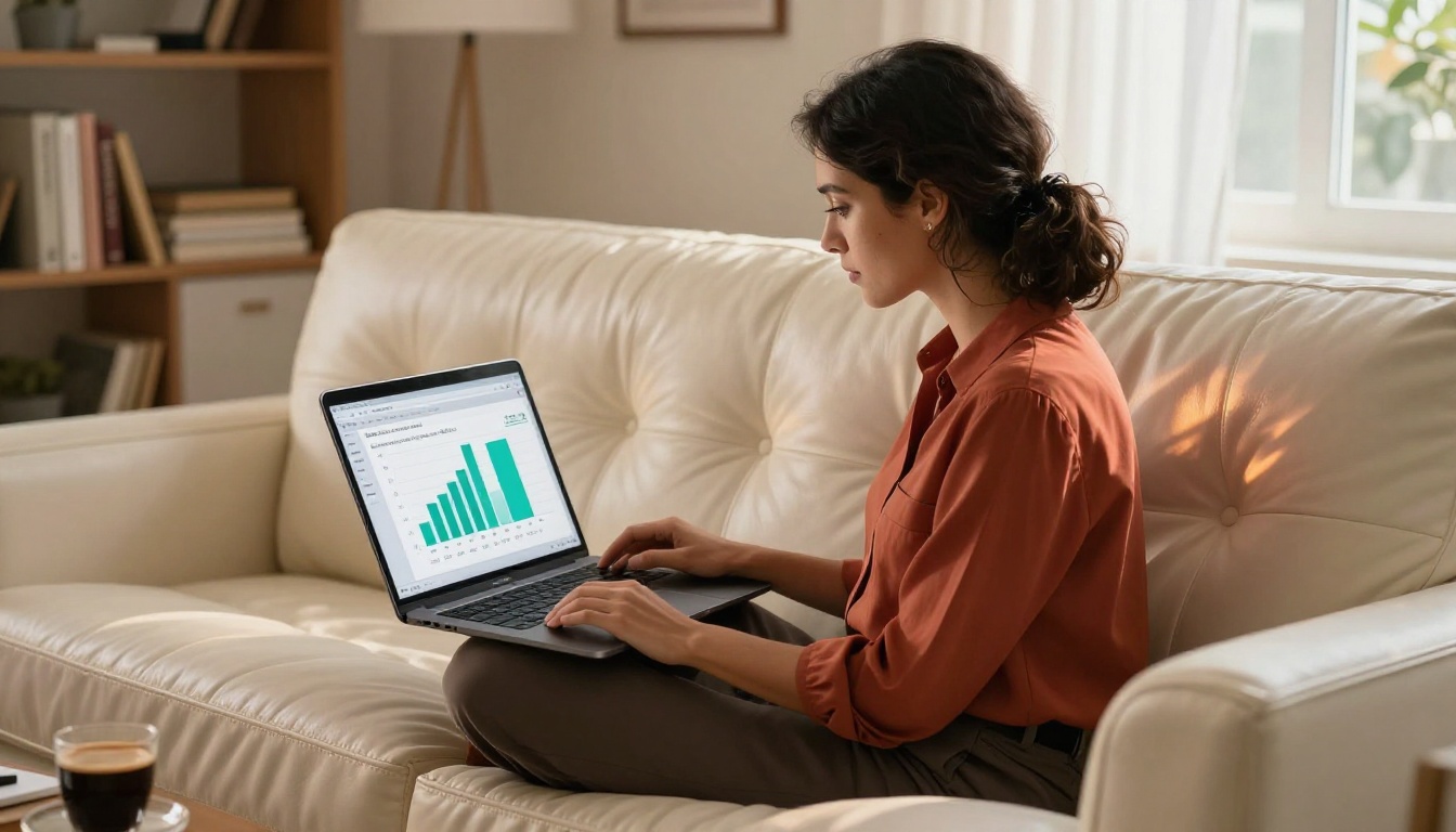 Latina marketing professional sitting on a cream leather sofa reviewing email click-through analytics on a MacBook Pro with a bar chart dashboard visible on screen Latina marketing professional sitting on a cream leather sofa reviewing email click-through analytics on a MacBook Pro with a bar chart dashboard visible on screen