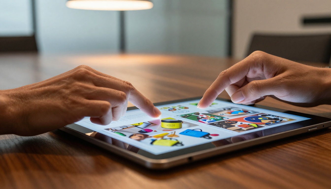 Woman's well-manicured hands hovering over a tablet displaying an animated digital flipbook with vibrant product photos visible mid-page-turn Woman's well-manicured hands hovering over a tablet displaying an animated digital flipbook with vibrant product photos visible mid-page-turn