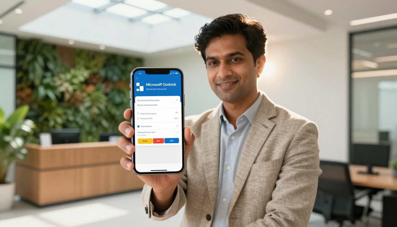 South Asian professional standing in a modern office lobby, reading an Outlook email on his smartphone, the screen showing a formatted signature with a document link South Asian professional standing in a modern office lobby, reading an Outlook email on his smartphone, the screen showing a formatted signature with a document link