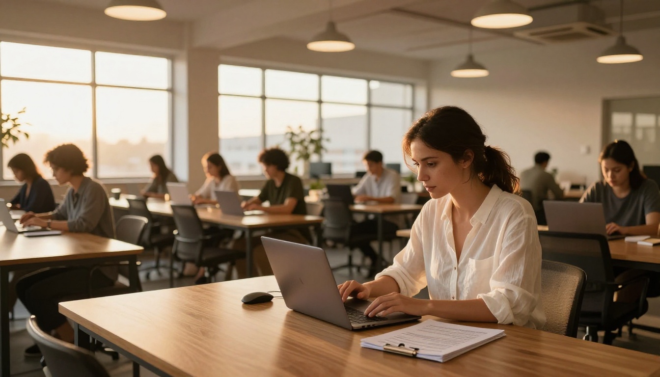Professional woman in a golden-hour co-working space preparing a PDF document to convert into a digital flipbook, printed brochure beside laptop Professional woman in a golden-hour co-working space preparing a PDF document to convert into a digital flipbook, printed brochure beside laptop