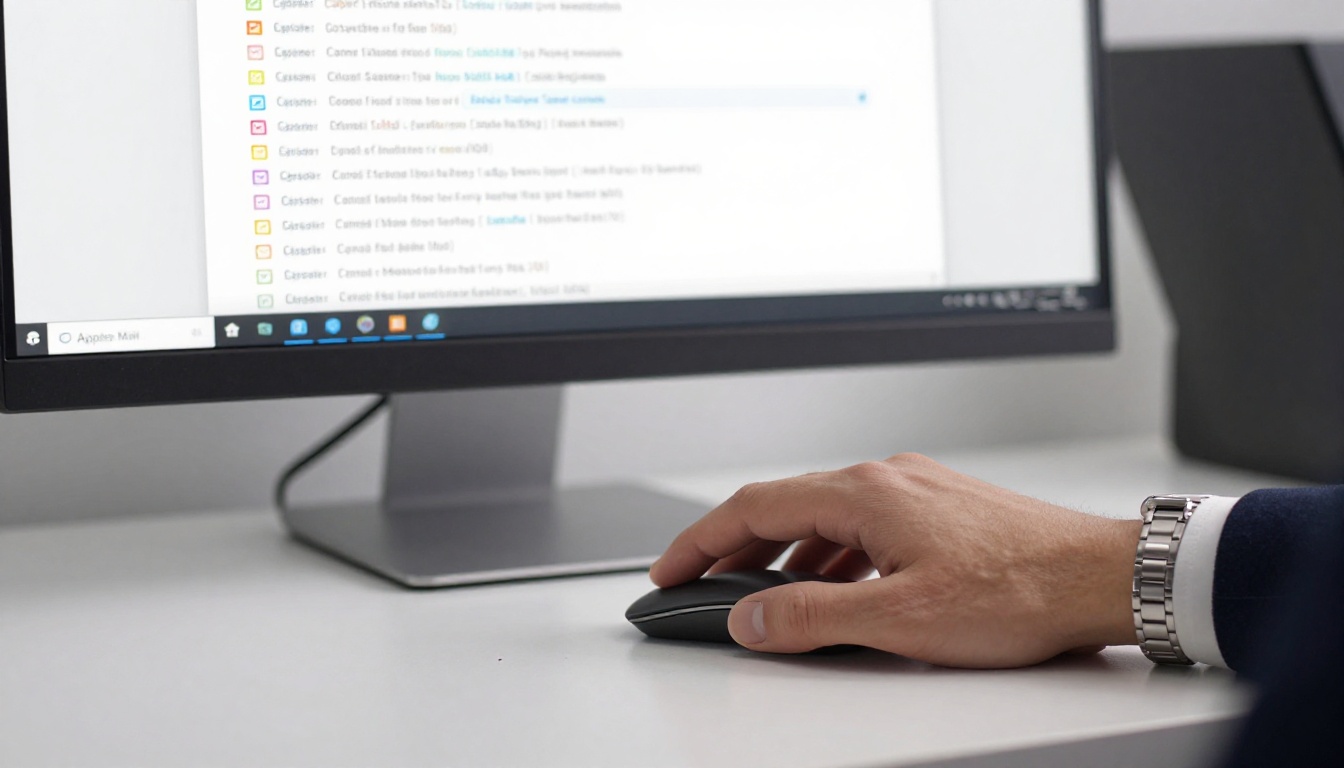 Business professional's hand with a silver watch clicking a mouse, the monitor behind showing Apple Mail preferences with the email signatures tab and text formatting editor open Business professional's hand with a silver watch clicking a mouse, the monitor behind showing Apple Mail preferences with the email signatures tab and text formatting editor open