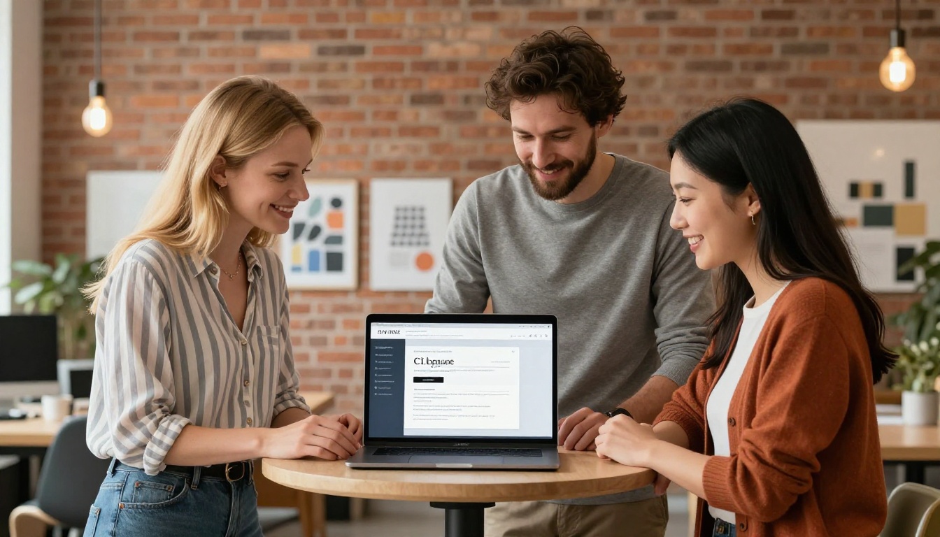 Small creative agency team of three people gathered around a laptop in a design studio reviewing a branded email template with a flipbook document link in the signature Small creative agency team of three people gathered around a laptop in a design studio reviewing a branded email template with a flipbook document link in the signature