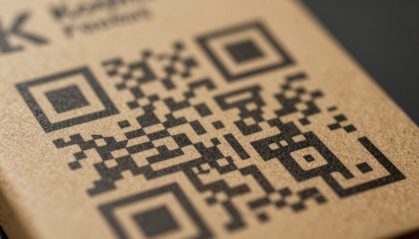 Close-up macro of QR code on kraft cardboard packaging texture