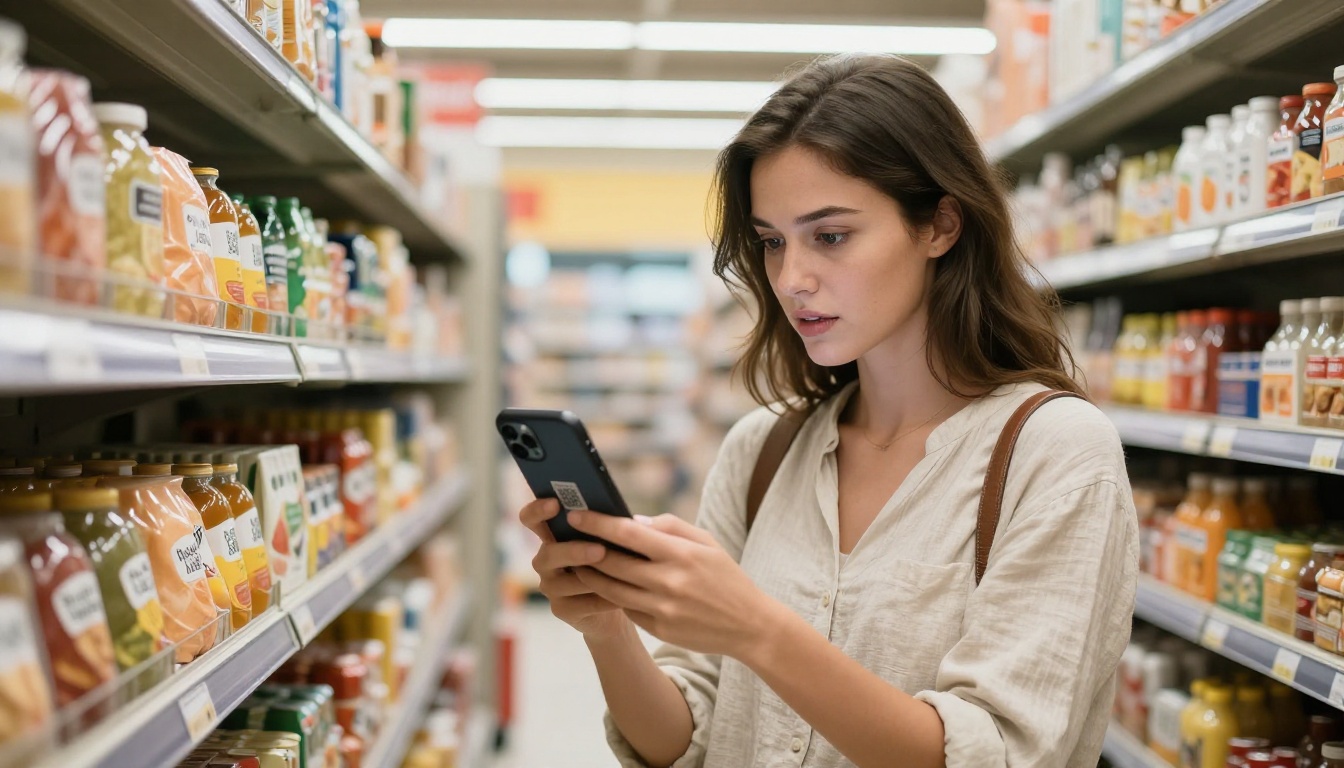 Consumer scanning QR code on product packaging in store