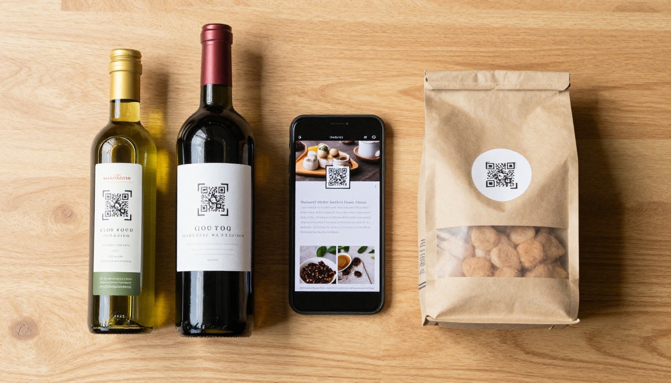 Artisan food packaging flat lay with QR codes and recipe flipbook on phone