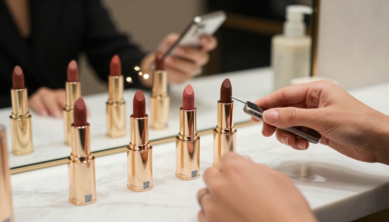 Luxury beauty cosmetics lineup with QR codes on white marble counter