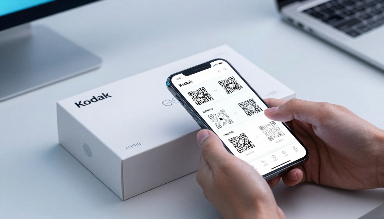 Electronics product box with QR code being scanned on dark charcoal desk