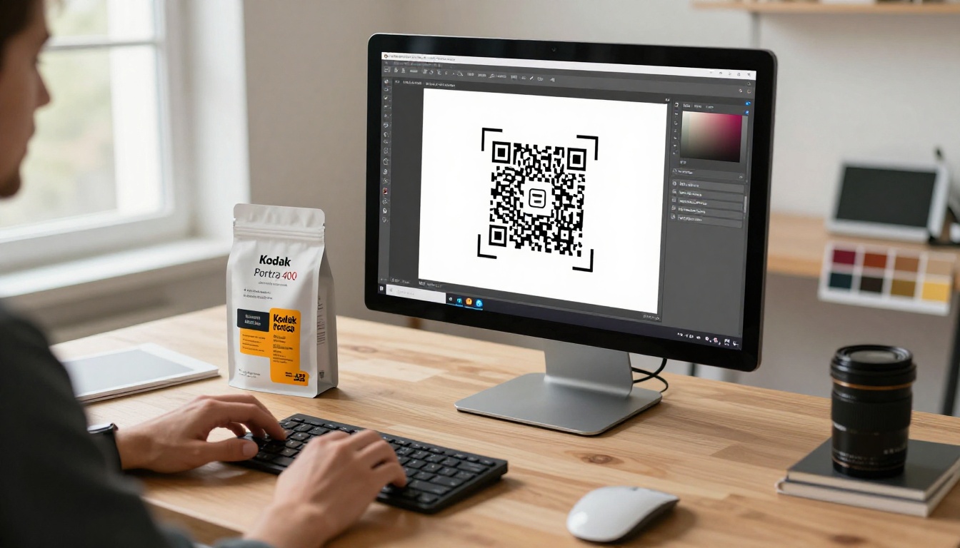 Packaging designer placing QR code in design software at a studio