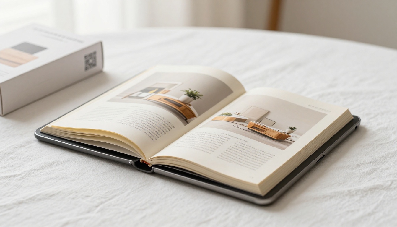 Tablet displaying open digital flipbook catalog on white linen surface