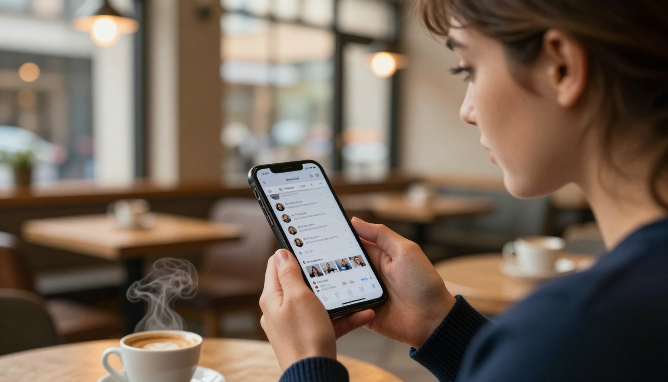 Scrolling Facebook groups on a smartphone in a coffee shop