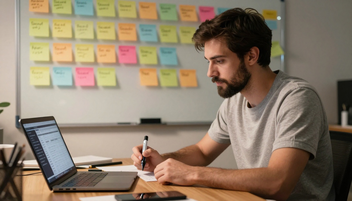 Content strategy planning with sticky notes and laptop