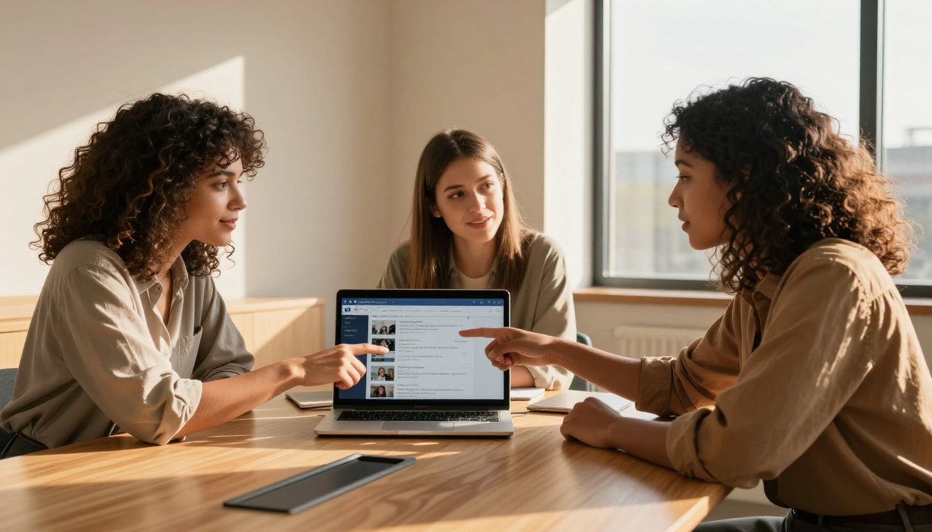 Team collaborating over a laptop showing Facebook group content
