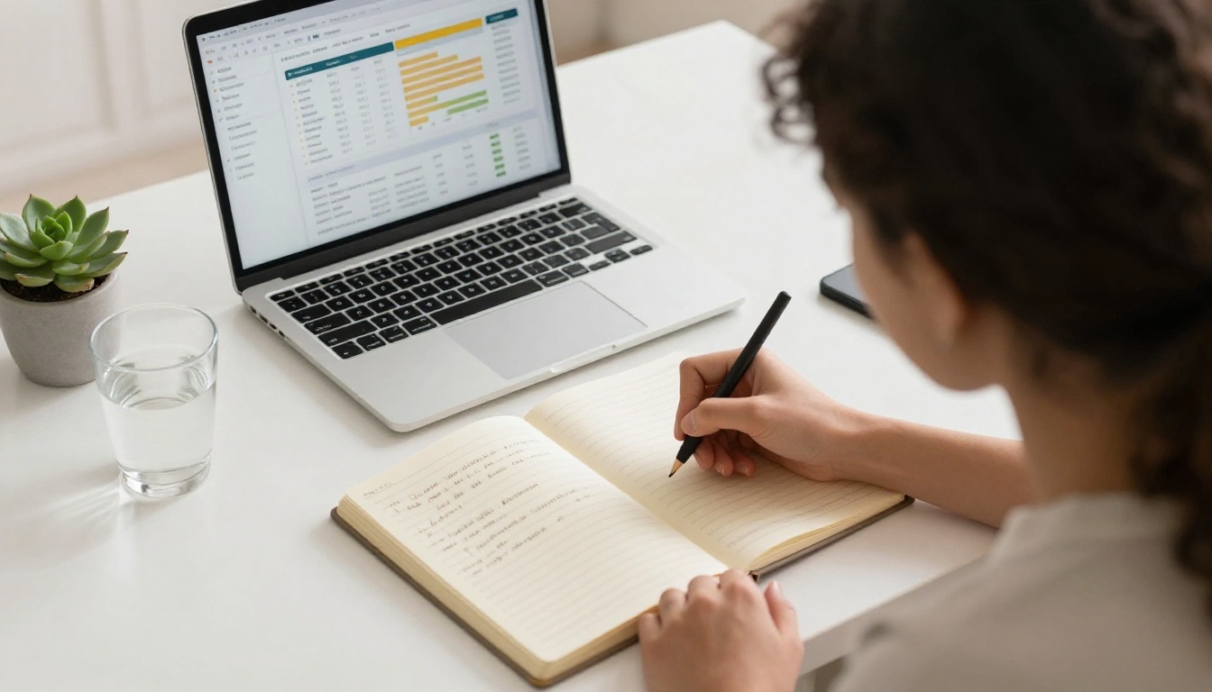 Person planning content in a notebook at a desk