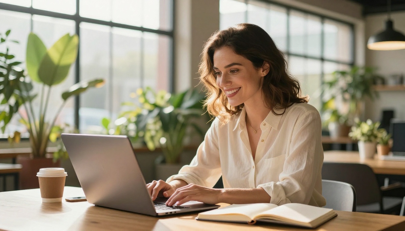 Woman smiling at laptop in a co-working space with plants