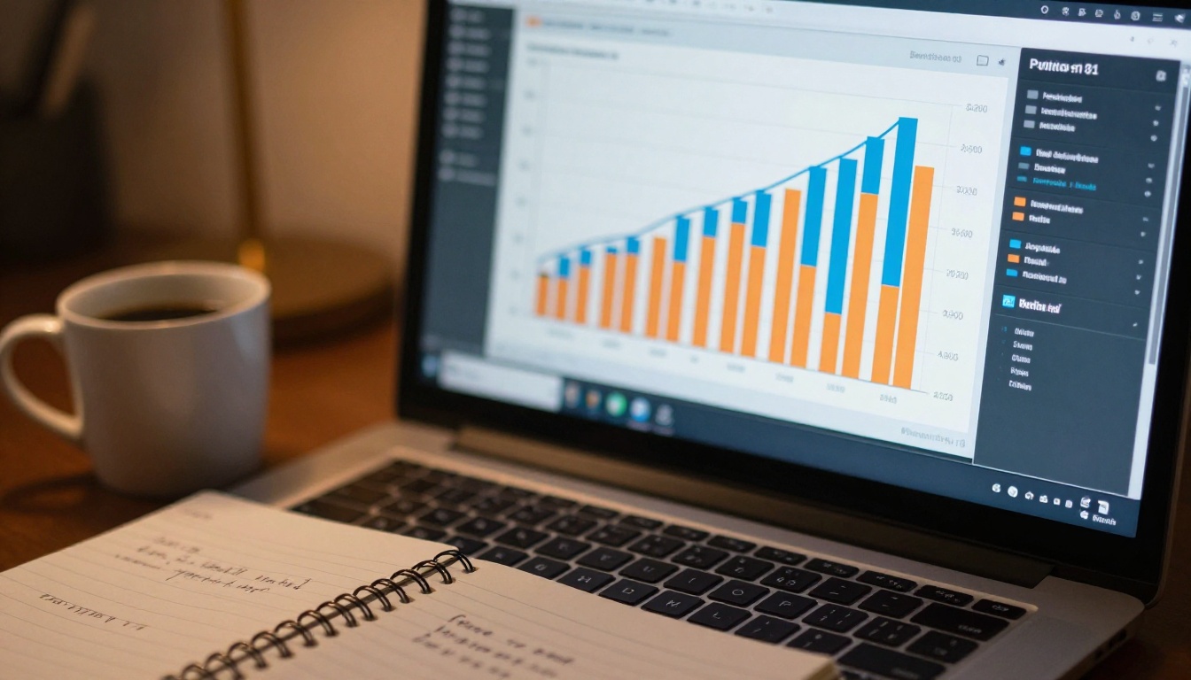 Analytics dashboard on desktop screen with coffee and notepad