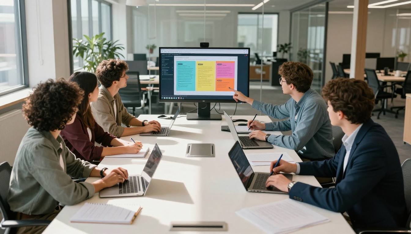 Team gathered around a conference table viewing an interactive flipbook on a monitor