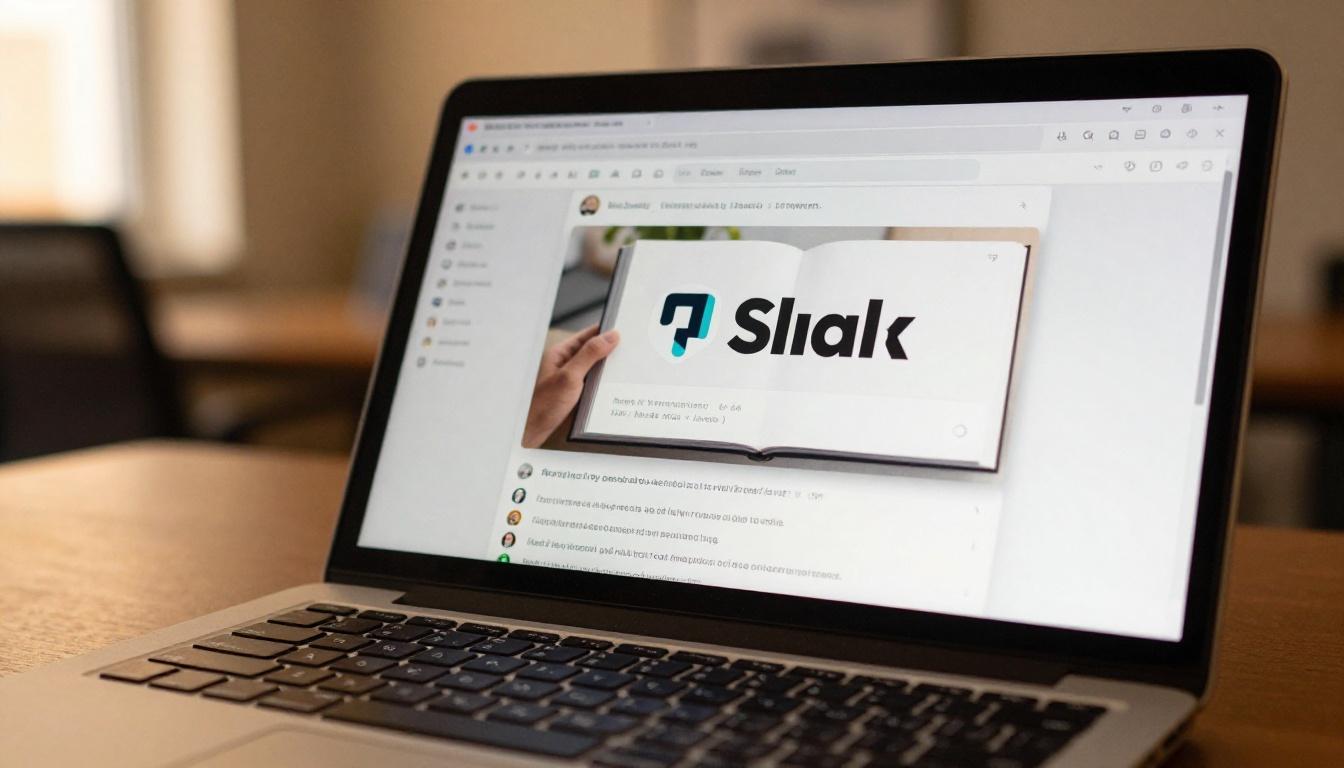 Close-up of a Slack laptop screen showing a flipbook link preview card in a channel