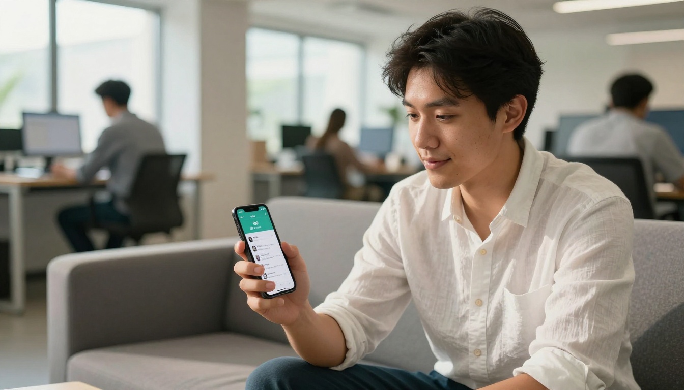Professional man reviewing a shared flipbook on his smartphone in a co-working space