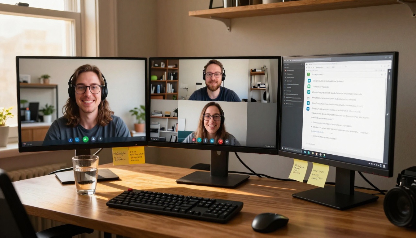 Remote worker at dual-monitor setup with Slack and a flipbook open side by side Remote worker at dual-monitor setup with Slack and a flipbook open side by side