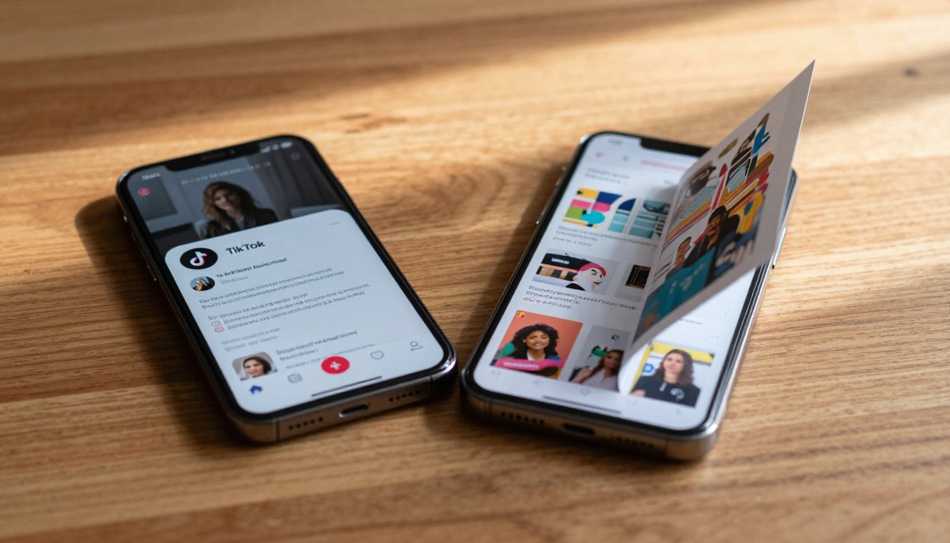 Two smartphones side by side showing TikTok and an open digital flipbook Two smartphones side by side showing TikTok and an open digital flipbook