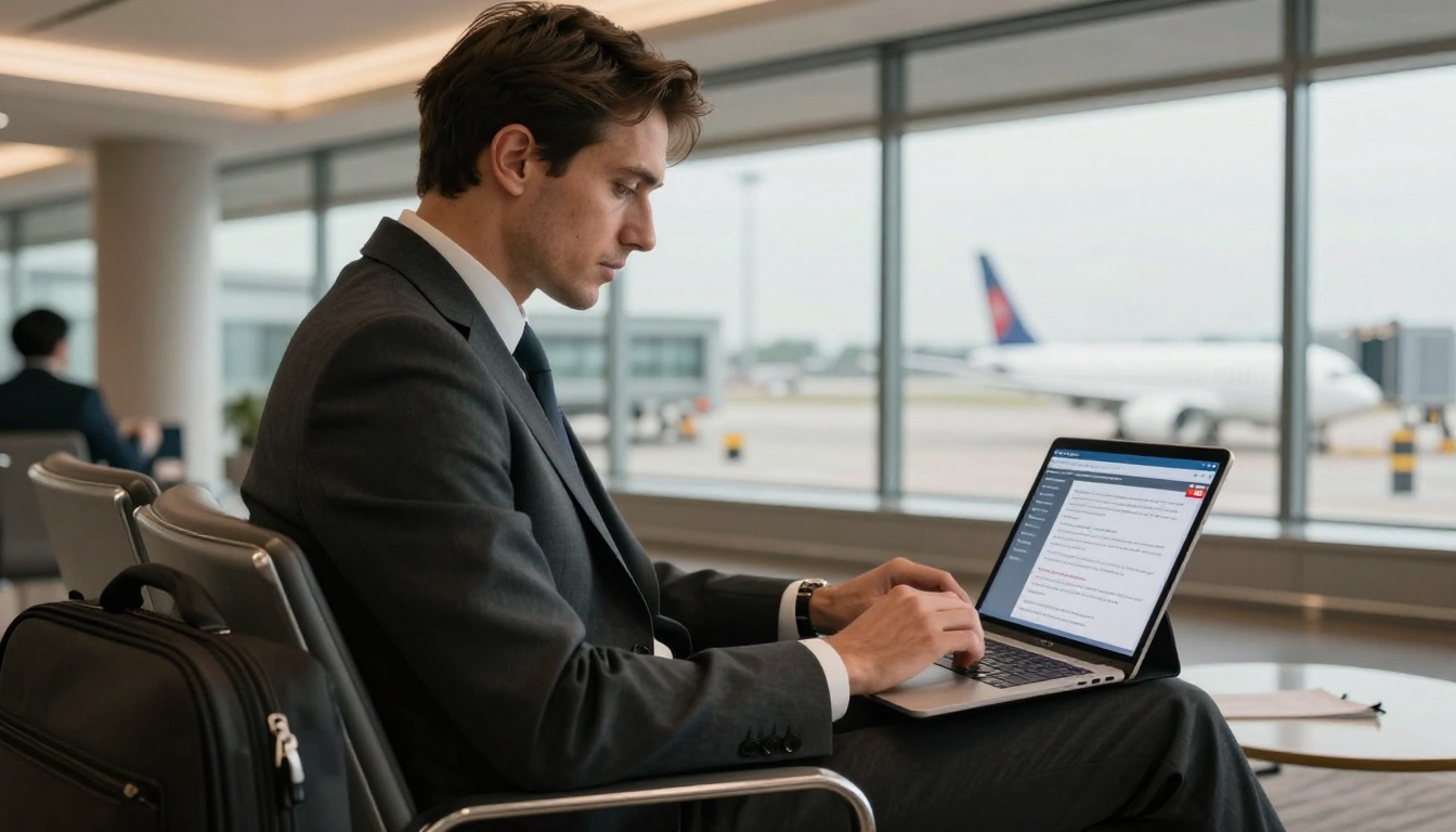 Business professional reviewing a Slack-shared flipbook on iPad in an airport lounge Business professional reviewing a Slack-shared flipbook on iPad in an airport lounge