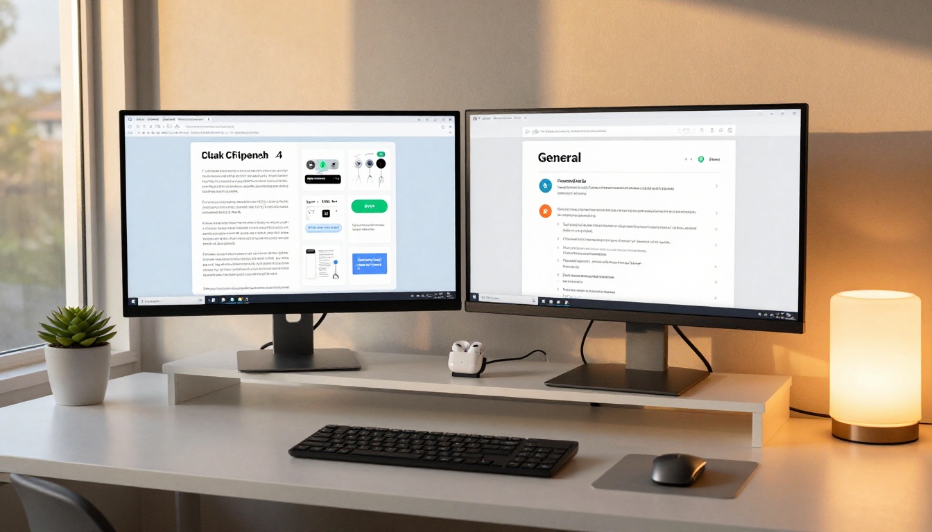 Clean home office with dual monitors showing Slack and a flipbook side by side Clean home office with dual monitors showing Slack and a flipbook side by side
