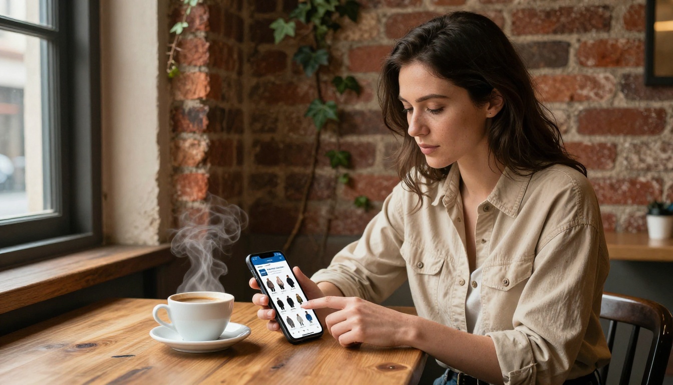 Small business owner at a café table holding her phone showing a digital product catalog Small business owner at a café table holding her phone showing a digital product catalog