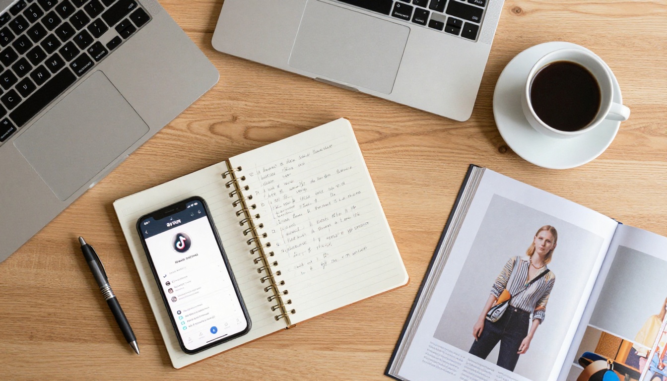 Aerial flat lay of a creative workspace with smartphone, notebook, and catalog Aerial flat lay of a creative workspace with smartphone, notebook, and catalog