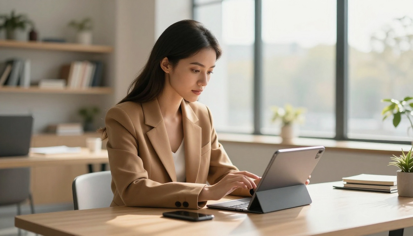 Fashion creator scrolling through a digital lookbook on a tablet at a minimalist desk Fashion creator scrolling through a digital lookbook on a tablet at a minimalist desk