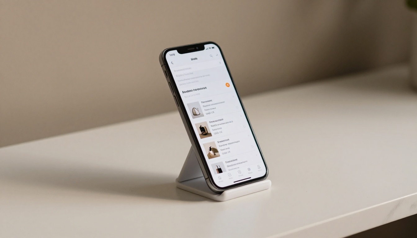 Low-angle shot of a smartphone propped on a minimalist white desk showing a link page Low-angle shot of a smartphone propped on a minimalist white desk showing a link page