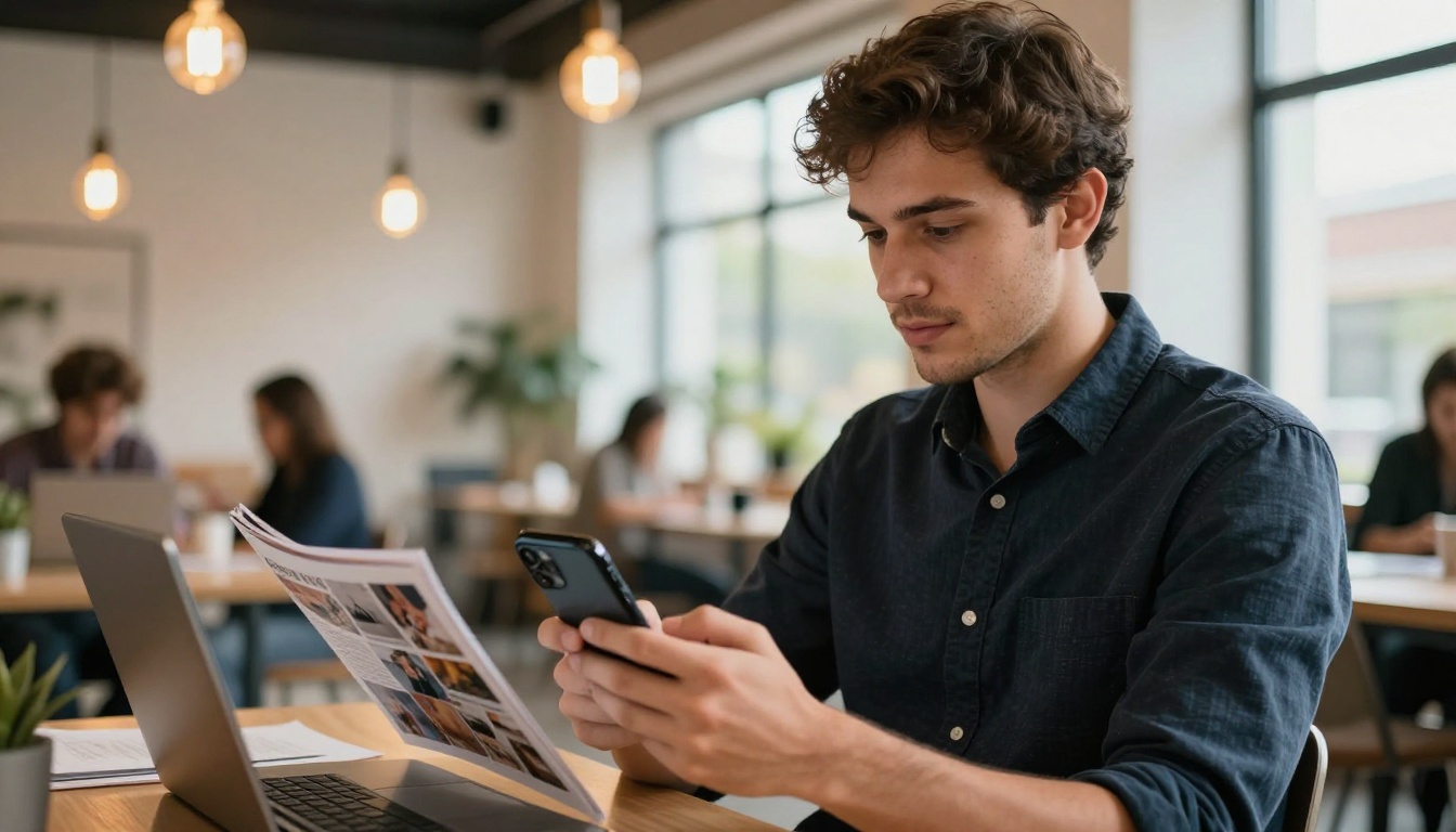Young man at a co-working space looking at a digital magazine flipbook on his phone Young man at a co-working space looking at a digital magazine flipbook on his phone