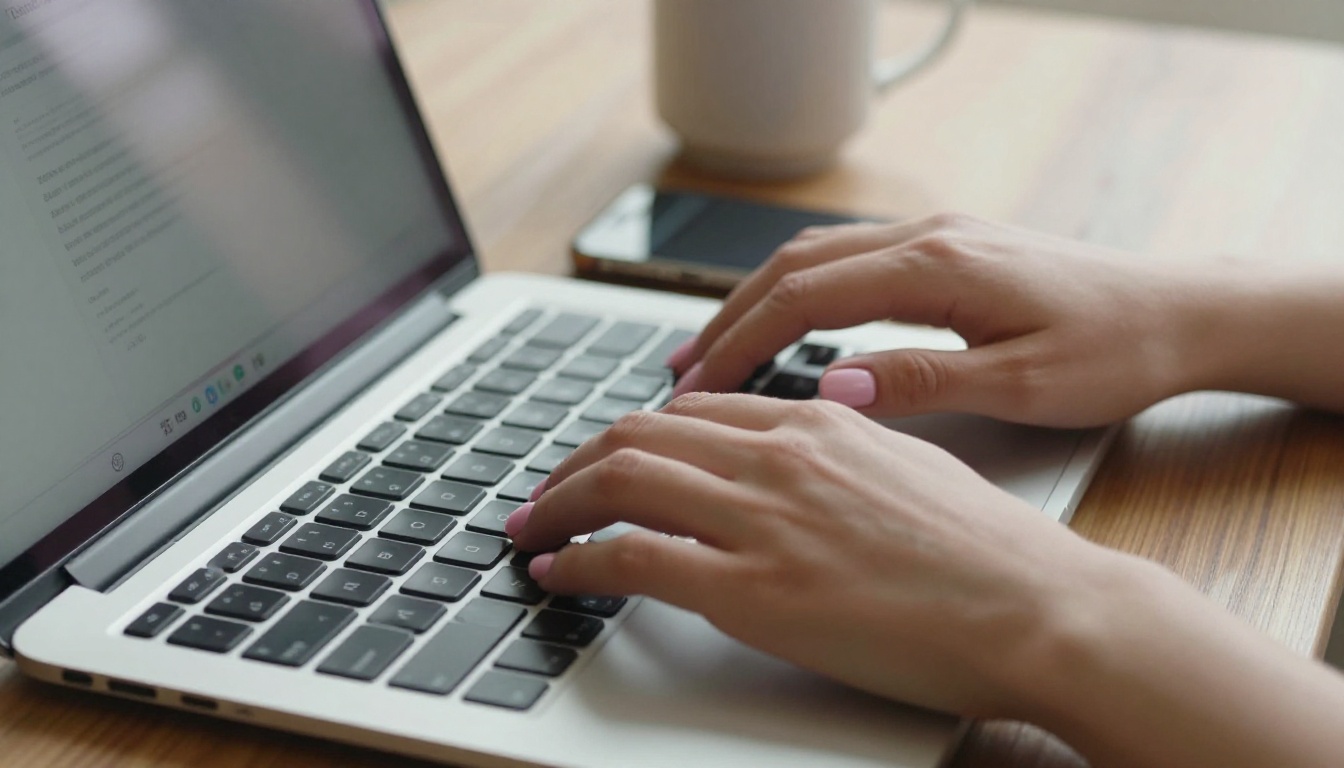 Woman's hands typing on a laptop with a TikTok profile visible on a phone beside it Woman's hands typing on a laptop with a TikTok profile visible on a phone beside it