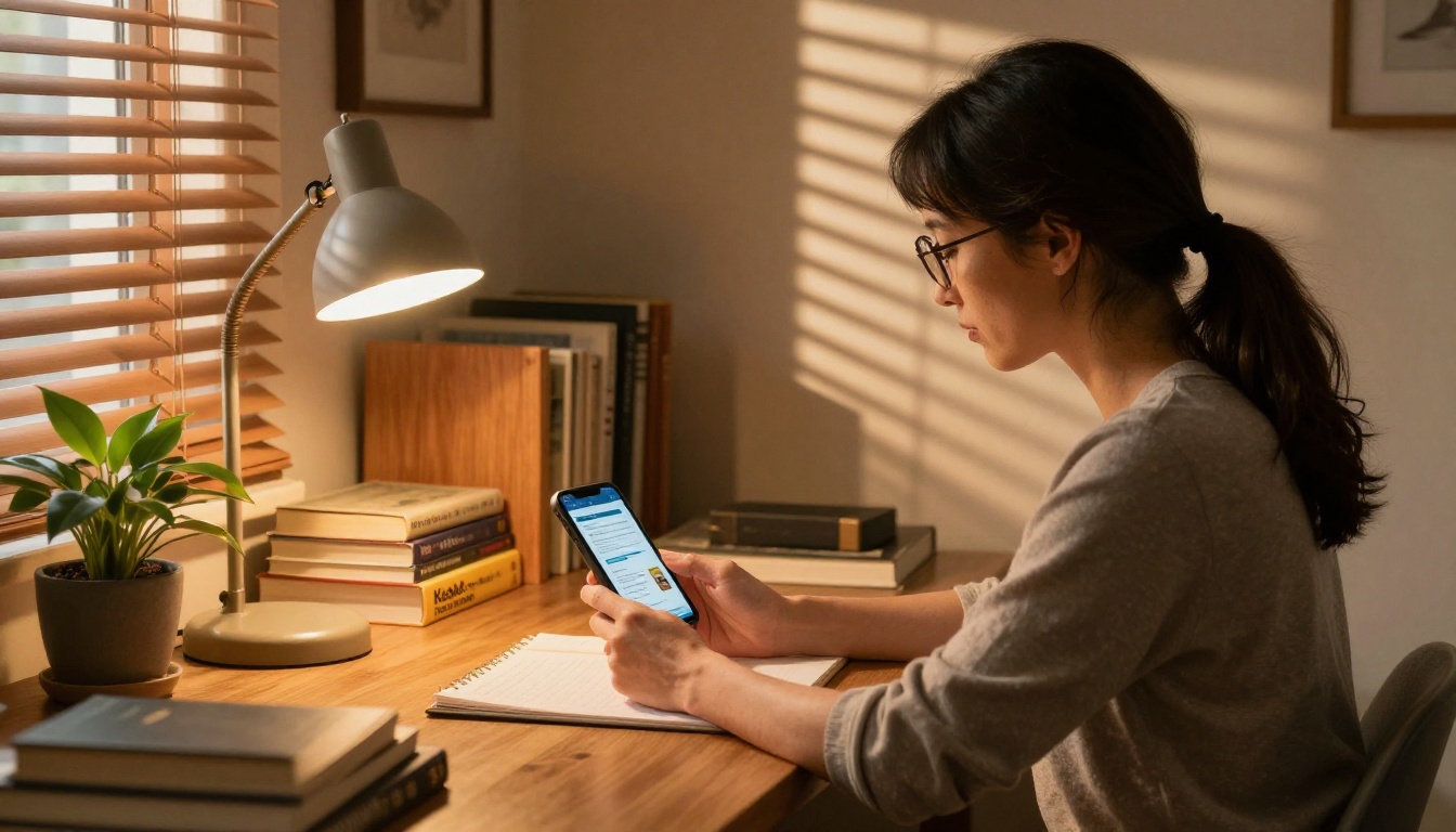 Educator at a home office desk holding her phone showing a digital document Educator at a home office desk holding her phone showing a digital document