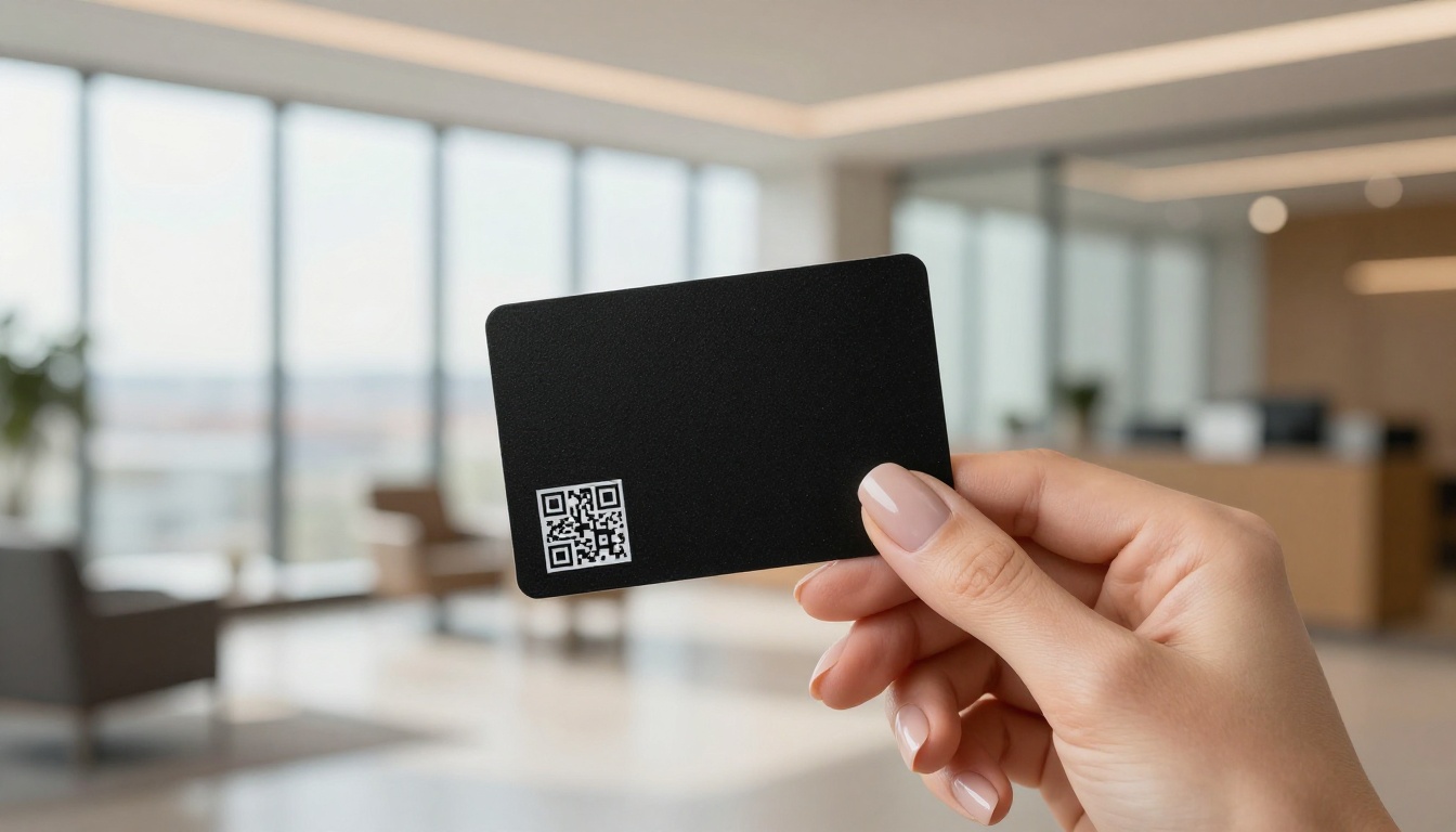 Woman's hands holding a business card showing a QR code in a modern office lobby