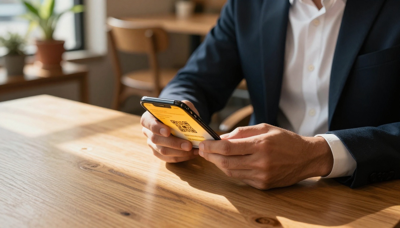 Man in navy blazer scanning a business card QR code with his iPhone at a warm wooden cafe table