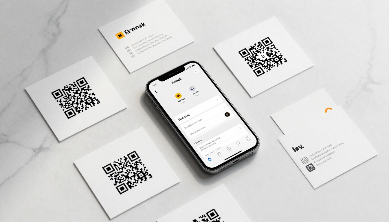Aerial flat lay of premium business cards spread across white marble with a smartphone showing a digital flipbook