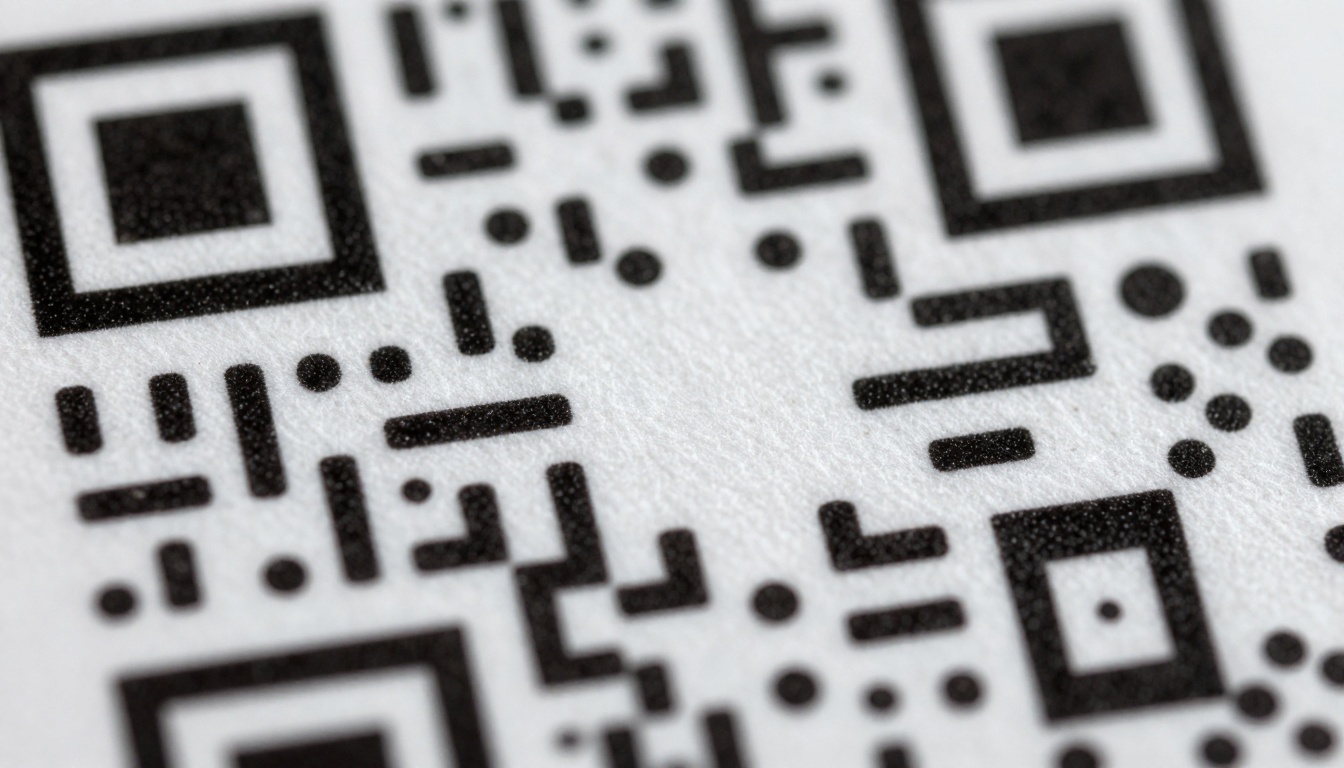 Extreme macro close-up of a QR code printed on thick cotton paper business card stock with visible paper fiber texture